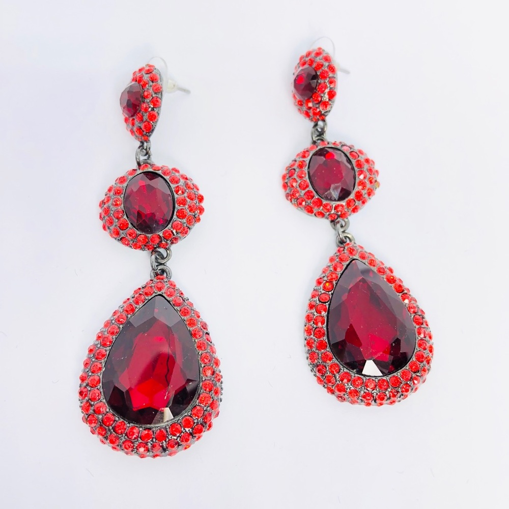 New! Red Crystals Beaded Chandelier Earrings